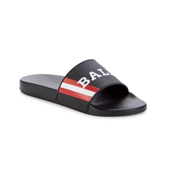 NIB BALLY SIMON BLACK RUBBER RED WHITE WEB LOGO SANDALS POOL SLIDES 9 D ITALY